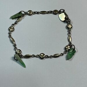 Sterling Silver Bracelet with Green Jade Charms. 6.5 inches long